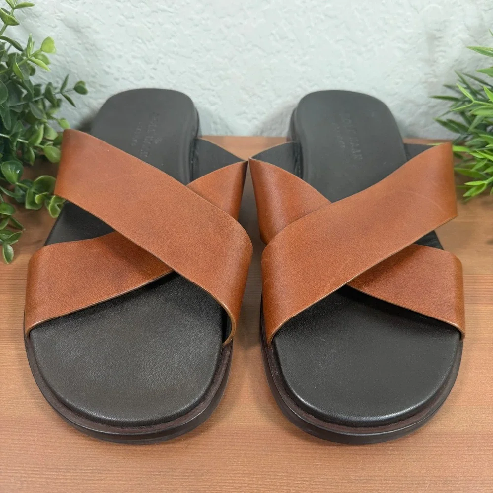 Cole Haan Mens Grand OS Cross Strap British Tan Leather Slide Sandals Size 9